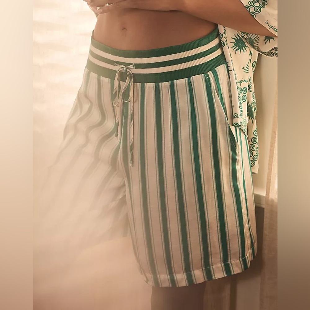 Anthropologie Silky Bermuda Green Striped Casual Boxer Lounge Shorts Size XS